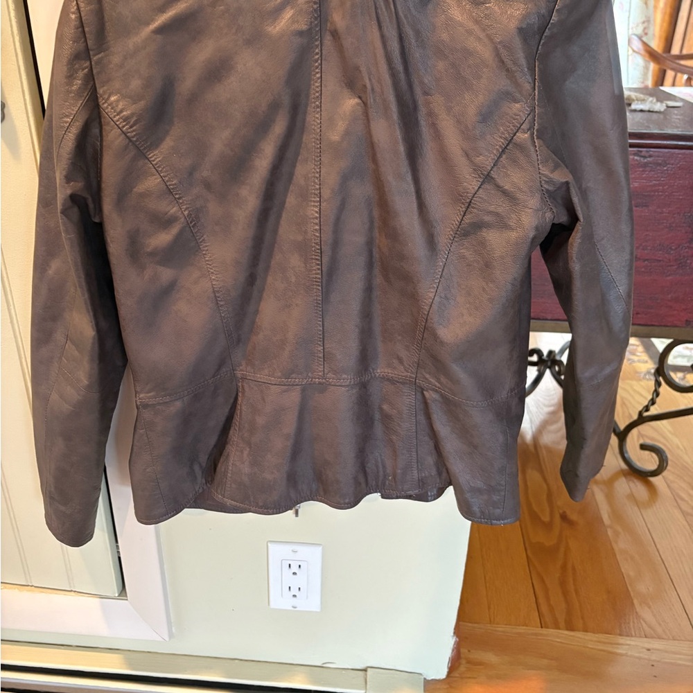 Boston Proper Dark Brown Leather Jacket. Ruffle - Picture 6 of 10
